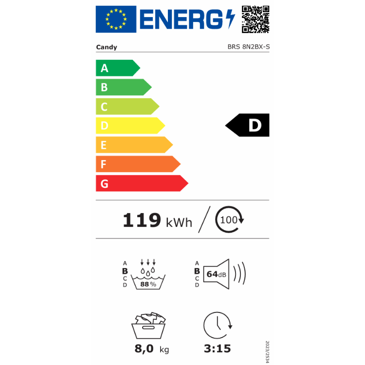 Energijska nalepka sušilnega stroja Candy BRS 8N2BX‑S z energijskim razredom D, poraba 119 kWh na 100 ciklov, zmogljivost 8 kg, glasnost 64 dB.