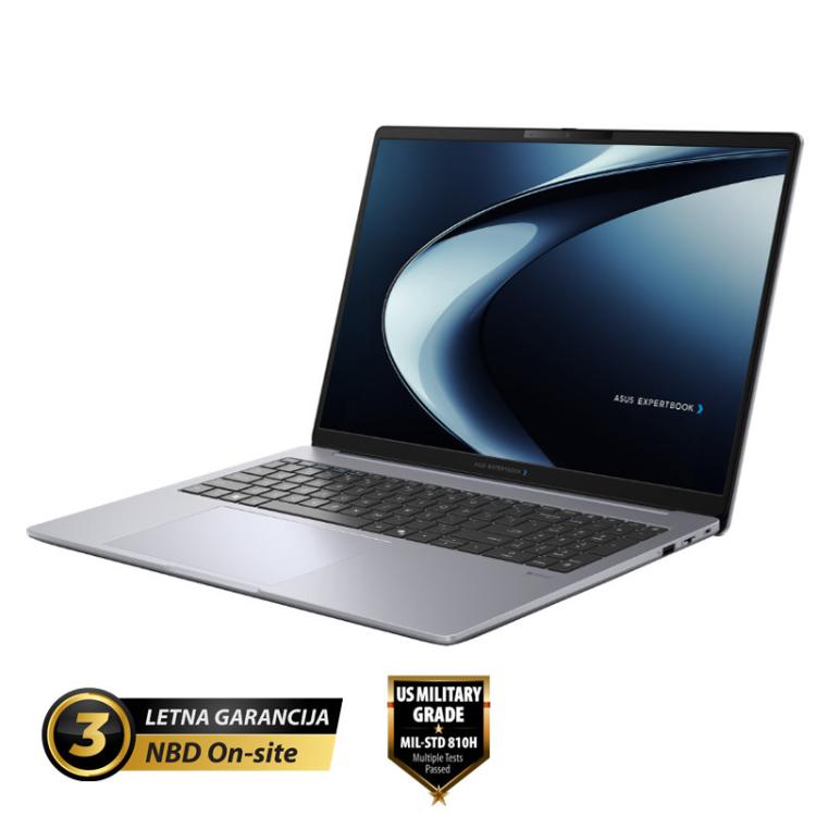 ASUS ExpertBook prenosnik v srebrni barvi z velikim zaslonom, prikazan pod kotom z elegantnim poslovnim dizajnom.