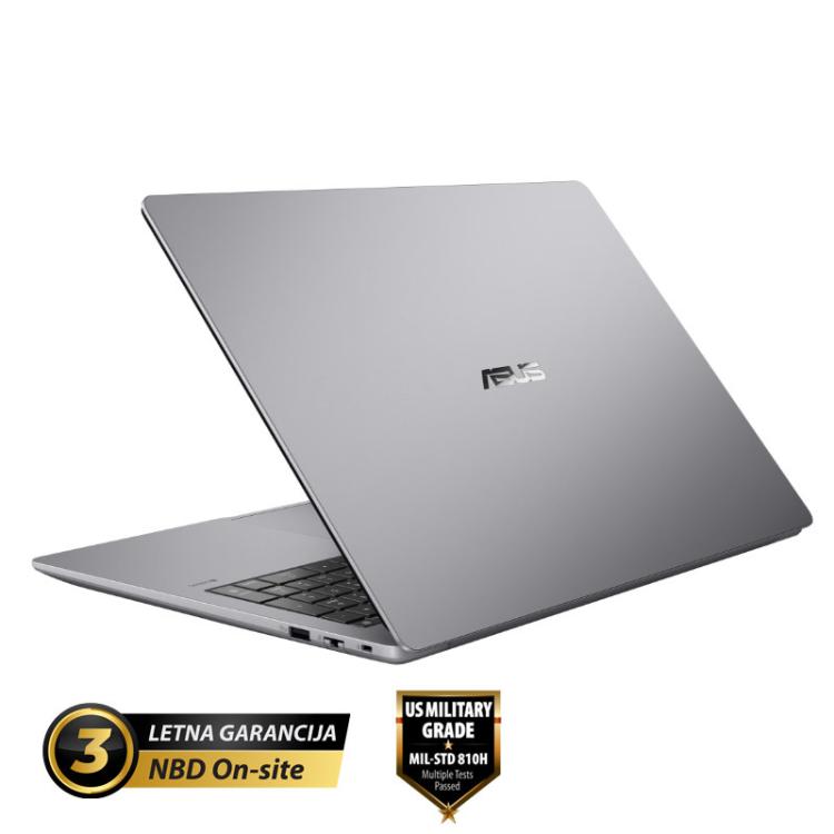 Zadnji pogled na ASUS ExpertBook prenosnik v srebrni barvi z elegantnim kovinskim pokrovom, logotipom ASUS in certifikatom MIL‑STD‑810H.