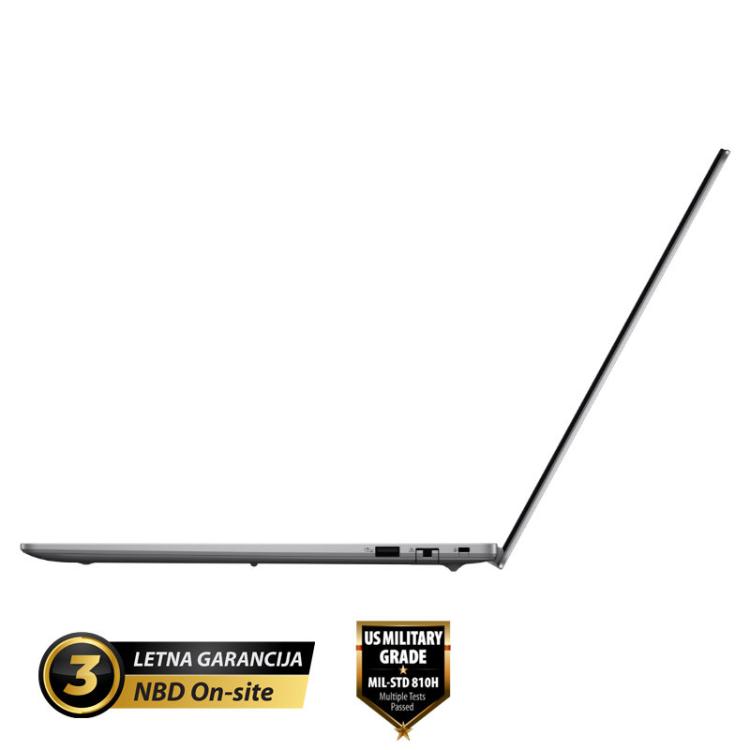 Stranski profil ASUS ExpertBook prenosnika s tankim ohišjem, vidnimi priključki in 3-letno NBD On-site garancijo.