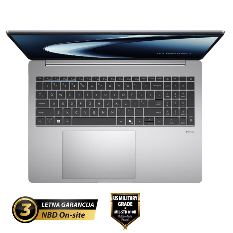 ASUS ExpertBook prenosnik s pogledom od zgoraj, ki prikazuje numerično tipkovnico, veliko sledilno ploščico in certifikat MIL‑STD‑810H.