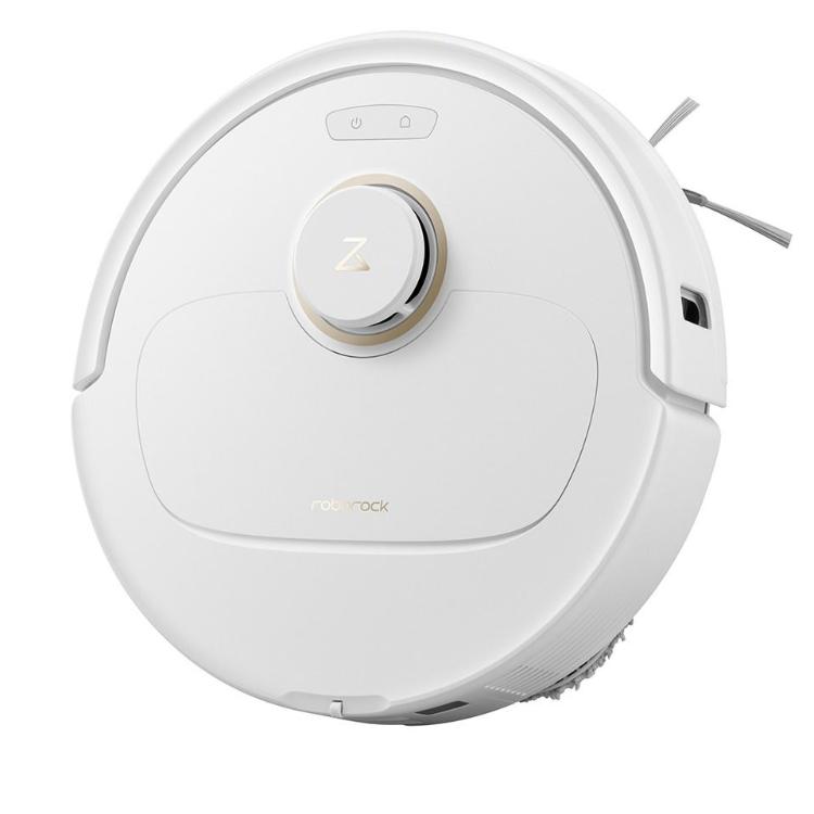 Bel robotski sesalnik Roborock, prikazan pod kotom z LiDAR navigacijo in elegantnim minimalističnim dizajnom.