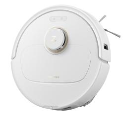 Bel robotski sesalnik Roborock, prikazan pod kotom z LiDAR navigacijo in elegantnim minimalističnim dizajnom.
