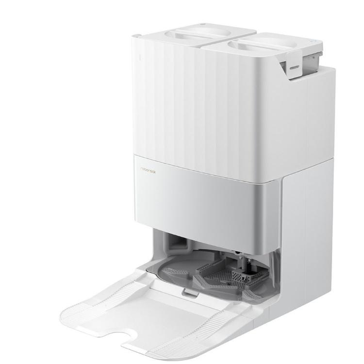 Avtomatska servisna postaja Roborock z rezervoarjema za čisto in umazano vodo ter sistemom za samodejno vzdrževanje.