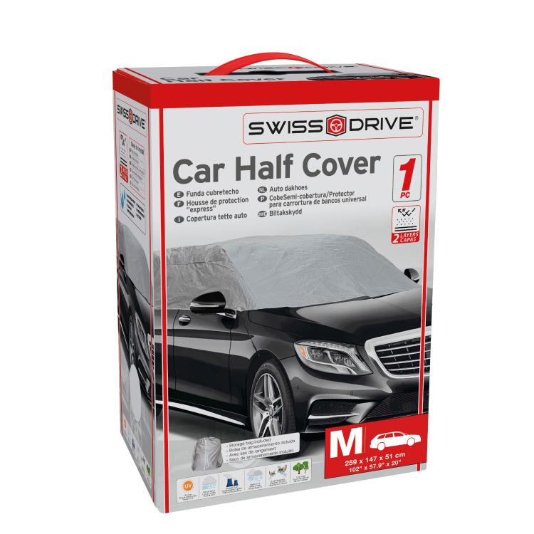 Škatla “Swiss Drive Car Half Cover” z rdečim robom, prikazom avta in velikostjo M (259 × 147 × 51 cm).