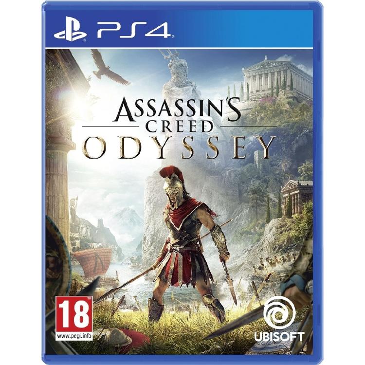 Assassin's Creed Odyssey za PS4, uradna naslovnica igre z antično Grčijo, hoplitom v oklepu in motivi starodavnih templjev.