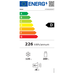 Energijska nalepka za hladilnik Haier HTW5620DNPT z energijskim razredom D, letno porabo 226 kWh, prostornino 289 L (hladilnik) in 125 L (zamrzovalnik) ter glasnostjo 35 dB.