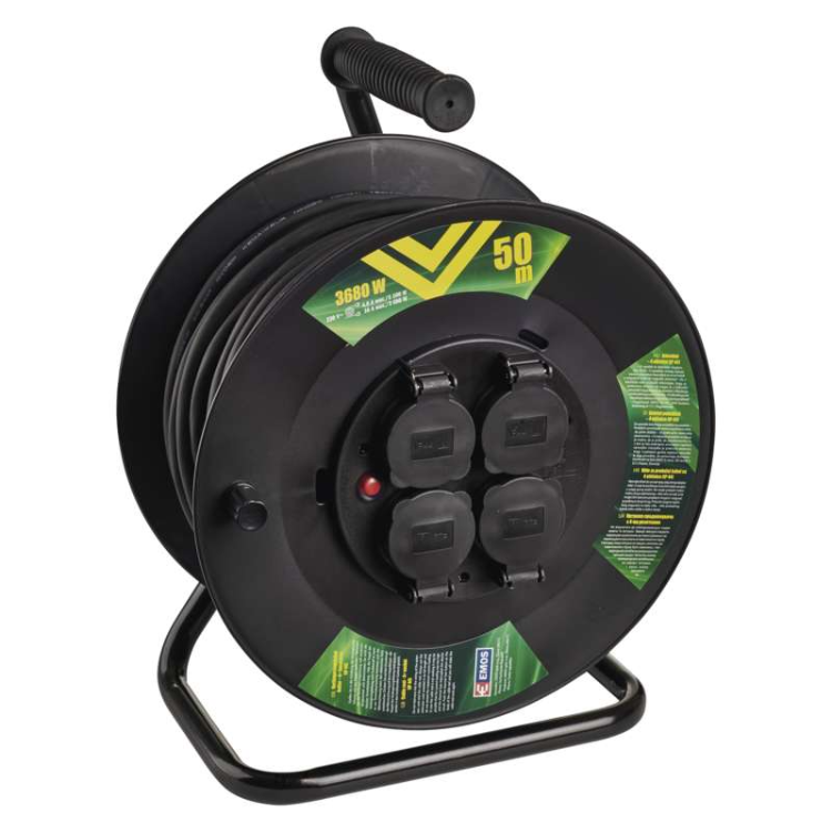 Zunanji kolutni podaljšek Emos 50 m / 4 vtičnice / črni / guma / 230 V / 1,5 mm2