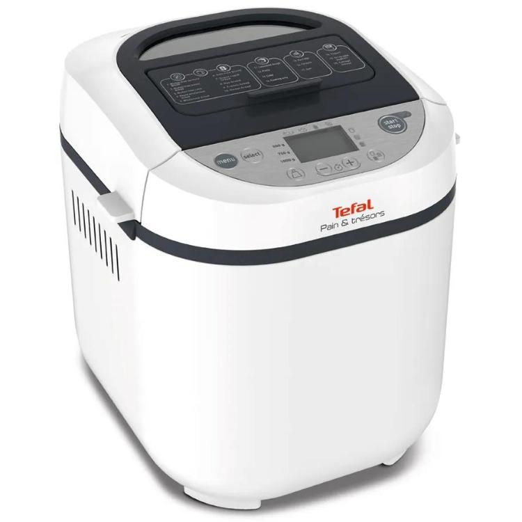Tefal Pain & Trésors pekač kruha v belo‑črni izvedbi z digitalnim zaslonom, programskimi gumbi in kompaktnim dizajnom za domačo pripravo kruha in testa