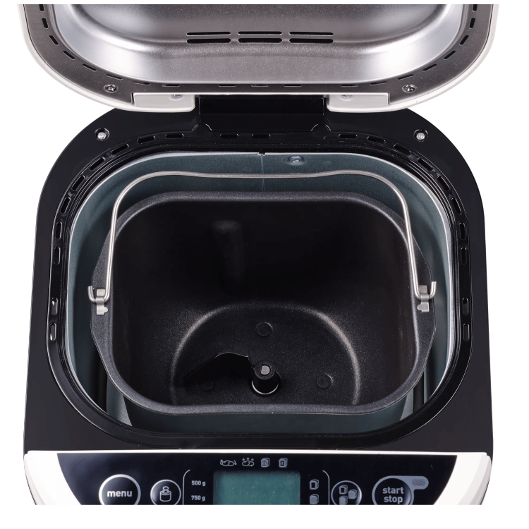 Tefal Pain & Trésors pekač kruha v belo‑črni izvedbi z digitalnim zaslonom, programskimi gumbi in kompaktnim dizajnom za domačo pripravo kruha in testa