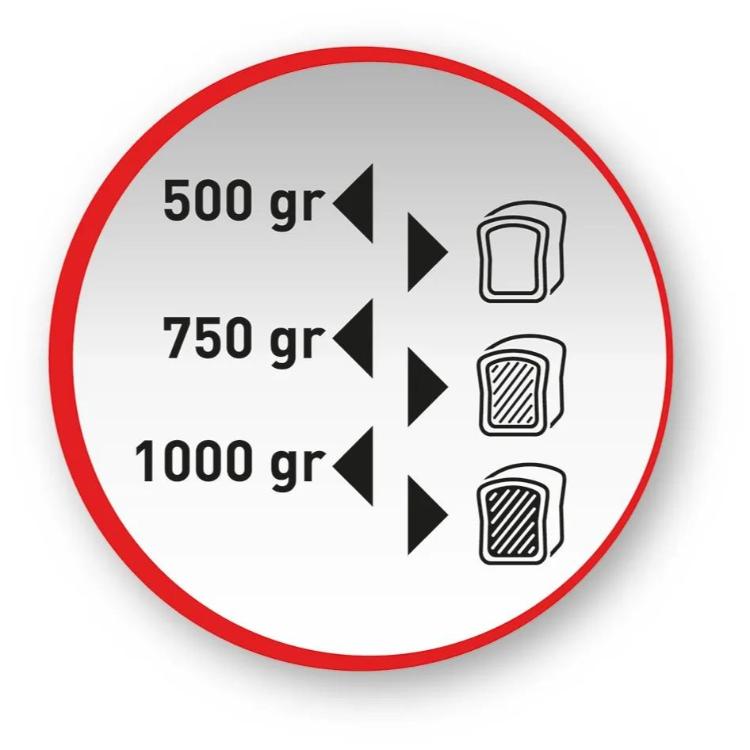 Grafični prikaz izbire velikosti hlebca pri pekaču kruha Tefal Pain & Trésors z možnostjo priprave kruha teže 500 g, 750 g ali 1000 g