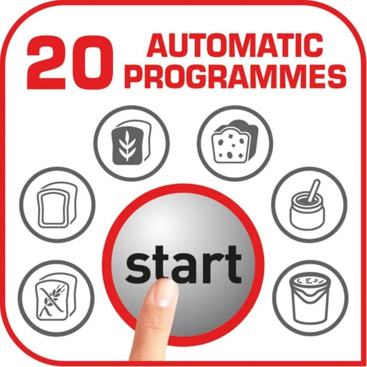 Grafični prikaz 20 samodejnih programov pekača kruha Tefal Pain & Trésors za pripravo različnih vrst kruha, brezglutenskega kruha, tort, marmelade, jogurta in drugih domačih receptov z enostavnim zagonom na dotik gumba Start.