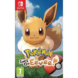 Igra Pokémon: Let’s Go, Eevee! za Nintendo Switch v fizični embalaži, z likom Eevee na travniku ob Poké žogi in oznako PEGI 7.