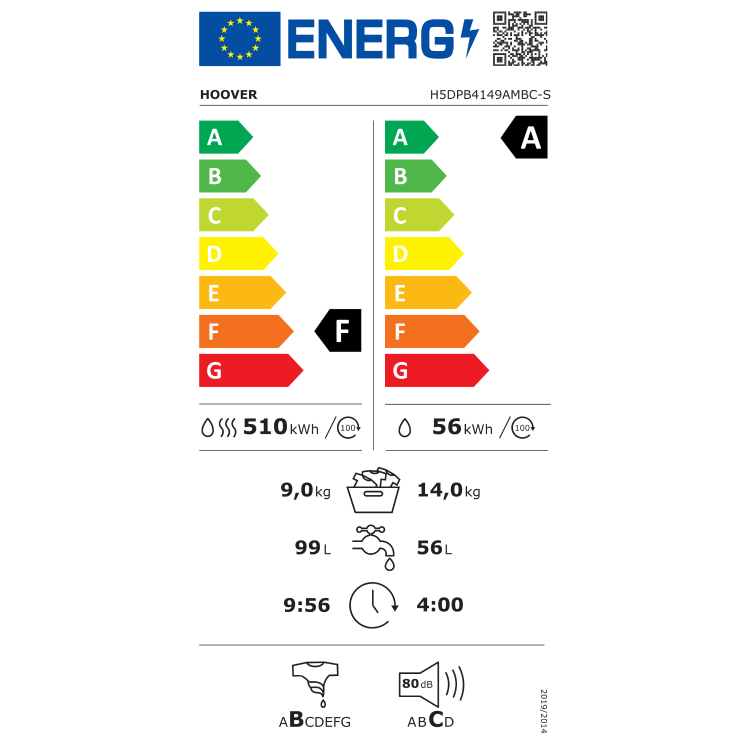 Energijska nalepka za pralno‑sušilni stroj Hoover H5DPB4149AMBC‑S z energijskim razredom F za pranje in sušenje ter A za pranje, porabo 510 kWh in 56 kWh na 100 ciklov, zmogljivostjo 9 kg (pranje in sušenje) oziroma 14 kg (pranje), porabo vode 99 L in 56 L ter glasnostjo 80 dB pri ožemanju.