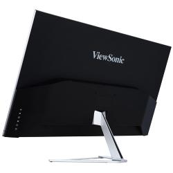 Zadnja stran ViewSonic monitorja s tankim profilom, srebrnim stojalom in upravljalnimi gumbi ob robu.