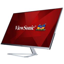 ViewSonic monitor, prikazan pod kotom, z ozkimi robovi in rdečo predstavitveno grafiko na zaslonu.
