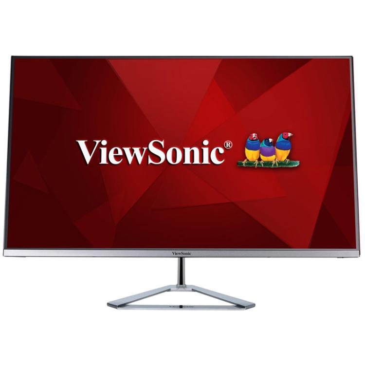 Sprednji pogled na ViewSonic monitor z brezrobnim dizajnom, srebrnim stojalom in logotipom ViewSonic na zaslonu.