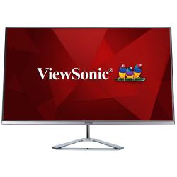 Sprednji pogled na ViewSonic monitor z brezrobnim dizajnom, srebrnim stojalom in logotipom ViewSonic na zaslonu.