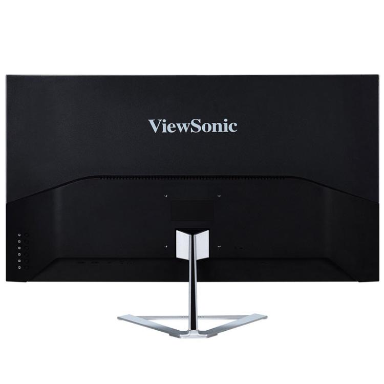 Zadnja stran ViewSonic monitorja z elegantnim srebrnim stojalom in minimalističnim črnim ohišjem.