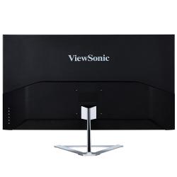 Zadnja stran ViewSonic monitorja z elegantnim srebrnim stojalom in minimalističnim črnim ohišjem.