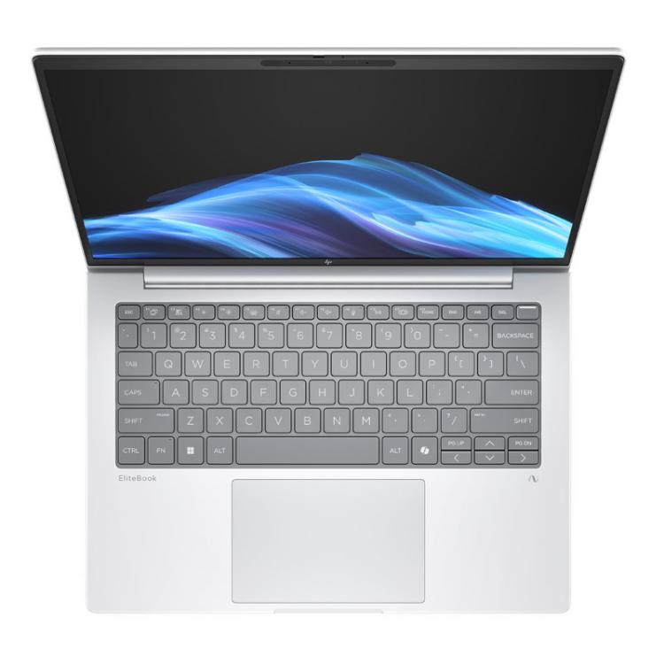 Pogled od zgoraj na HP EliteBook z veliko sledilno ploščico, osvetljeno tipkovnico in ozkimi robovi zaslona.