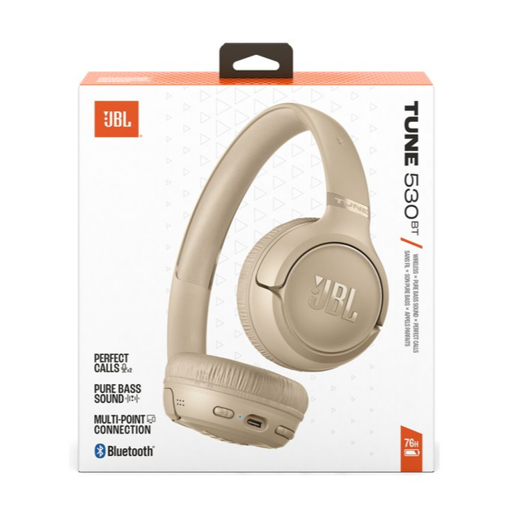 Bež JBL slušalke od spredaj, zaobljen naglavni lok in mehke ušesne blazinice za udobje.