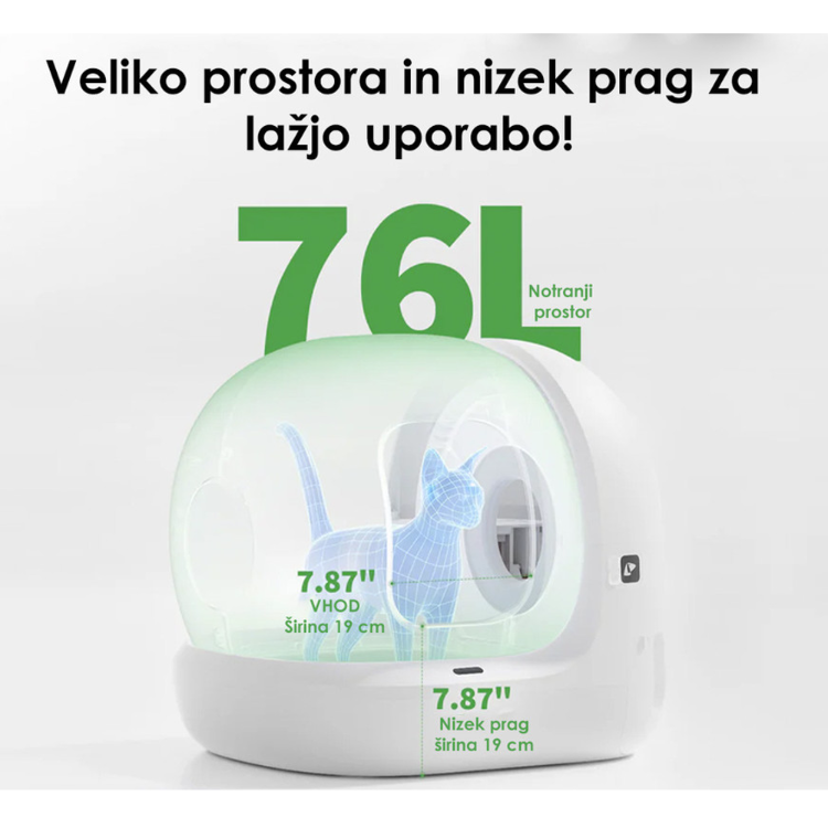 PETKIT Pura Max 2 samodejna mačja toaleta v beli barvi, prikazana z velikim 76-litrskim notranjim prostorom, vhodom širine 19 cm in nizkim pragom za lažji dostop mačke.