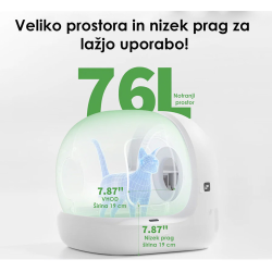 PETKIT Pura Max 2 samodejna mačja toaleta v beli barvi, prikazana z velikim 76-litrskim notranjim prostorom, vhodom širine 19 cm in nizkim pragom za lažji dostop mačke.