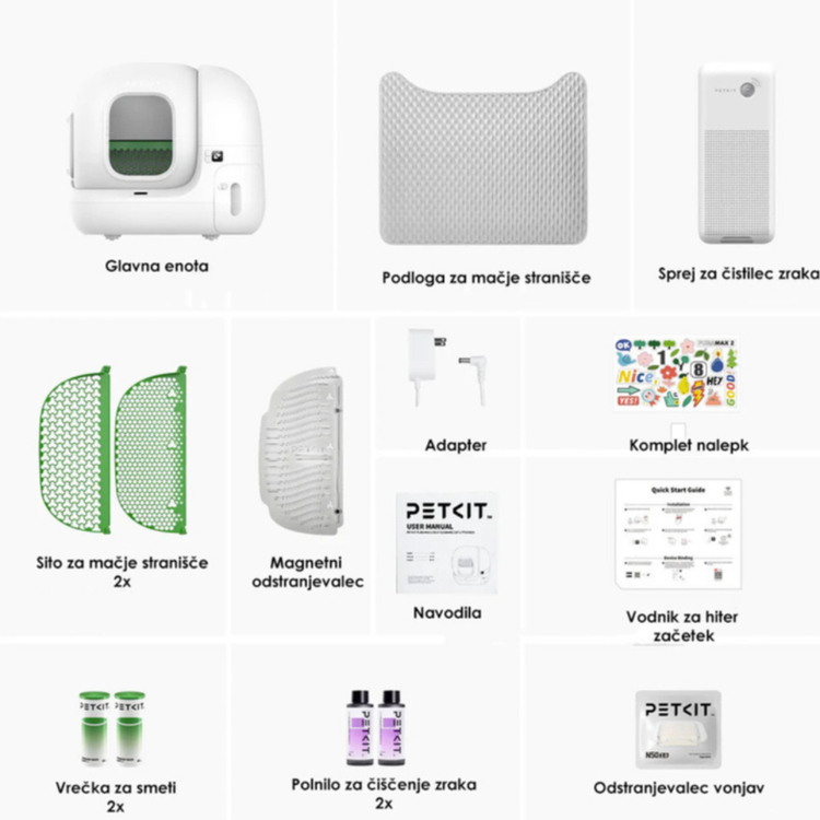 PETKIT Pura Max 2 samodejna mačja toaleta v beli barvi, prikazana z vso priloženo opremo, vključno s podlogo, sitoma za mačje stranišče, magnetnim odstranjevalcem, adapterjem, vrečkami za smeti, polnilom za čistilec zraka in odstranjevalcem vonjav.