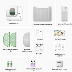 PETKIT Pura Max 2 samodejna mačja toaleta v beli barvi, prikazana z vso priloženo opremo, vključno s podlogo, sitoma za mačje stranišče, magnetnim odstranjevalcem, adapterjem, vrečkami za smeti, polnilom za čistilec zraka in odstranjevalcem vonjav.