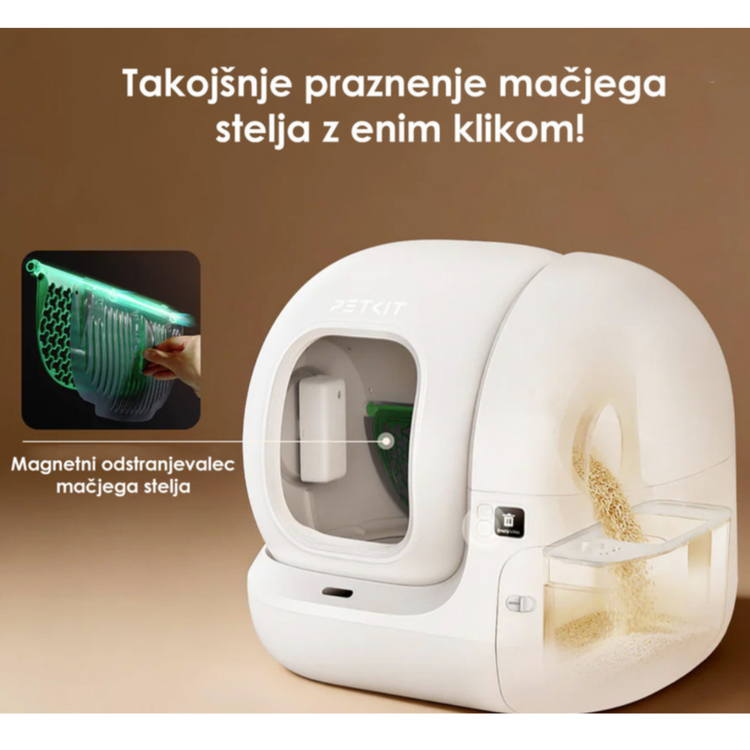 PETKIT Pura Max 2 samodejna mačja toaleta v beli barvi, prikazana s funkcijo hitrega praznjenja mačjega peska in odstranljivim magnetnim sitom.