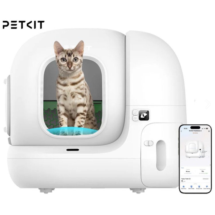 PETKIT Pura Max 2 samodejna mačja toaleta v beli barvi, prikazana z mačko in mobilno aplikacijo za spremljanje uporabe ter upravljanje naprave.