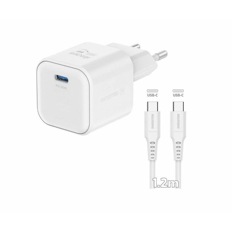 Hitri stenski polnilnik Swissten GaN 20 W z USB‑C priključkom in podporo Power Delivery omogoča učinkovito polnjenje pametnih telefonov, tablic in drugih združljivih naprav.