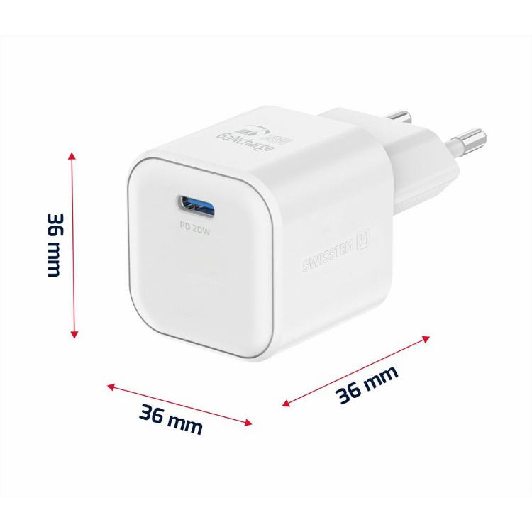 Hitri stenski polnilnik Swissten GaN 20 W z USB‑C priključkom in podporo Power Delivery omogoča učinkovito polnjenje pametnih telefonov, tablic in drugih združljivih naprav.