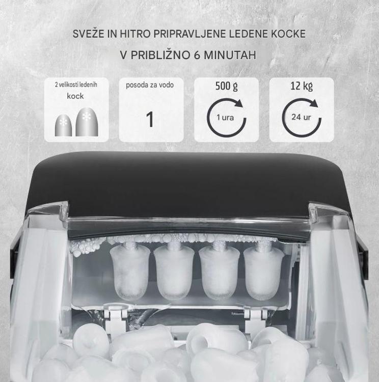 Ledomat pripravi sveže ledene kocke v približno šestih minutah ter omogoča izbiro med dvema velikostma ledu.