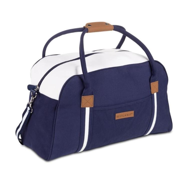 Potovalna torba Svilanit Nautic, modro-bela, 51 x 30 x 20 cm z rjavimi detajli, ročaji in naramnico, športno‑eleganten dizajn.