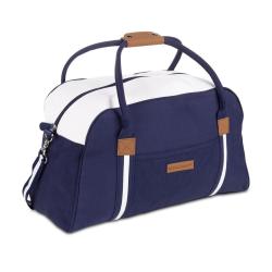 Potovalna torba Svilanit Nautic, modro-bela, 51 x 30 x 20 cm z rjavimi detajli, ročaji in naramnico, športno‑eleganten dizajn.