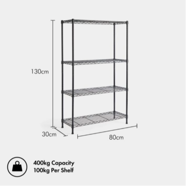 Kovinski regal VonHaus z označenimi dimenzijami 130 × 80 × 30 cm in nosilnostjo 400 kg.