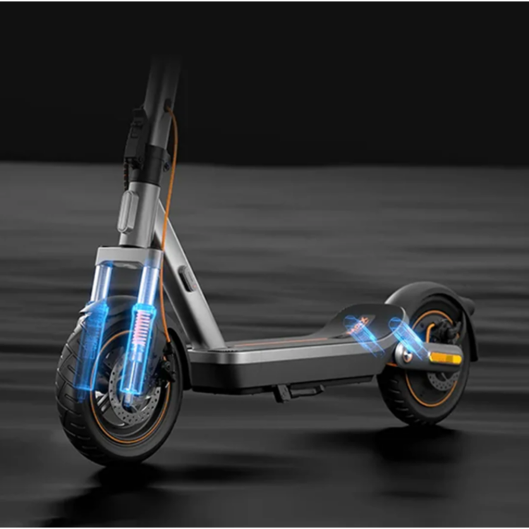 Xiaomi Electric Scooter 6 Max GL, prikaz vzmetenja spredaj in zadaj, dvojni blažilniki, stabilna vožnja, terenska zasnova.