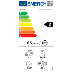 Energijska nalepka za pomivalni stroj Electrolux ESM48310SX z energijskim razredom D, porabo 85 kWh na 100 ciklov, kapaciteto 14 pogrinjkov, porabo 10,5 L vode na cikel, trajanjem programa 4:00 h in glasnostjo 44 dB.