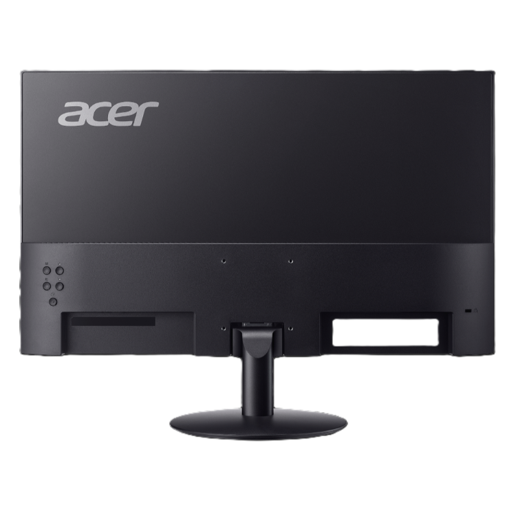 Zadnja stran monitorja Acer z logotipom, priključki in čvrstim stojalom za mizo.