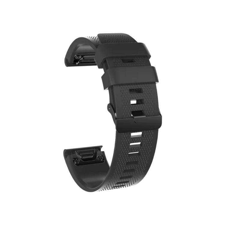 Črn silikonski pašček za Garmin (20mm) z nastavljivo dolžino, teksturirano površino in kovinsko zaponko zagotavlja udobno ter varno nošenje med športom in vsakodnevno uporabo.