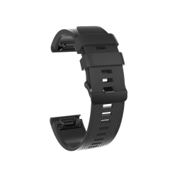 Črn silikonski pašček za Garmin (20mm) z nastavljivo dolžino, teksturirano površino in kovinsko zaponko zagotavlja udobno ter varno nošenje med športom in vsakodnevno uporabo.