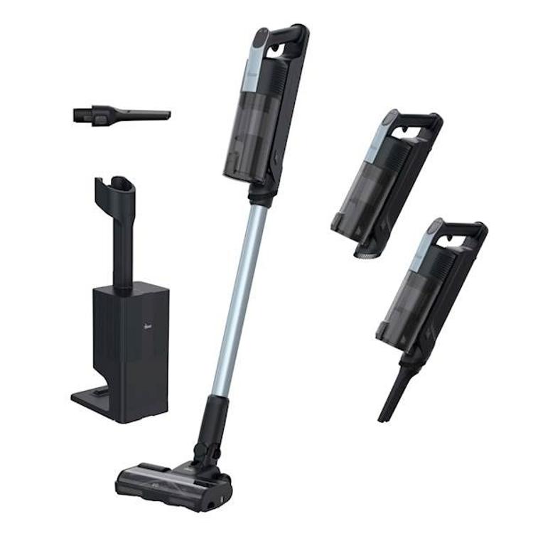 Hoover HF350HP baterijski sesalnik z dodatki, prikaz pokončne in ročne uporabe ter polnilne postaje.