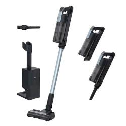 Hoover HF350HP baterijski sesalnik z dodatki, prikaz pokončne in ročne uporabe ter polnilne postaje.