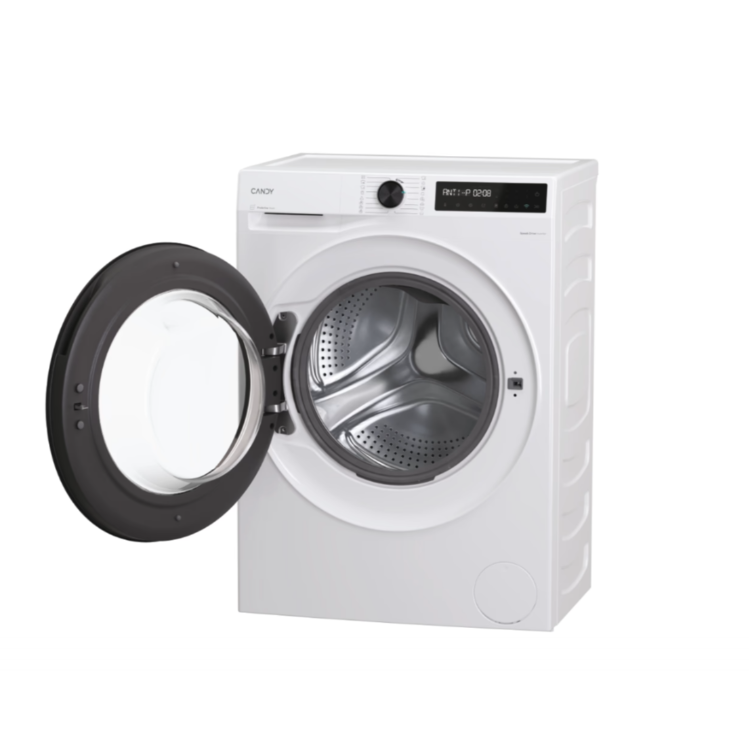 Pralni stroj z odprtimi vrati in vidnim bobnom