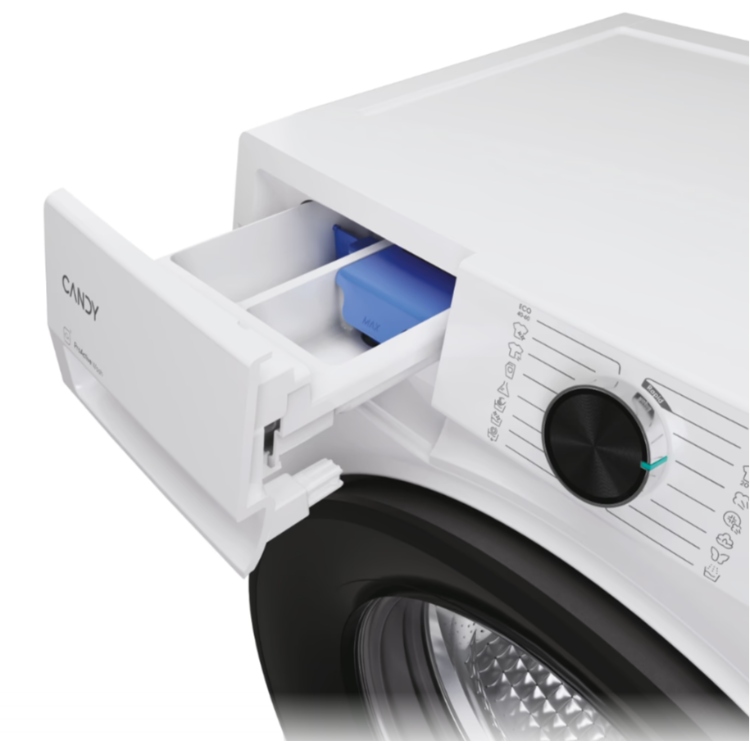 Odprt predal za detergent z vidnimi razdelki in modrim vložkom