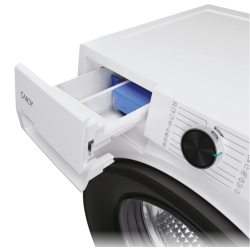 Odprt predal za detergent z vidnimi razdelki in modrim vložkom