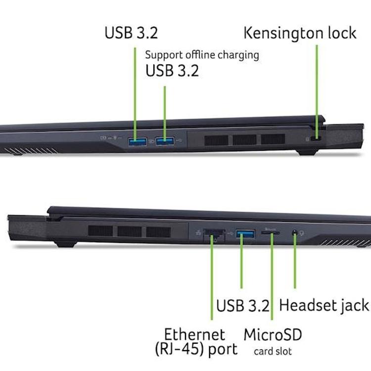 Stranski prikaz Acer Predator: USB 3.2, Ethernet RJ‑45, microSD, Kensington lock in priključek za slušalke.