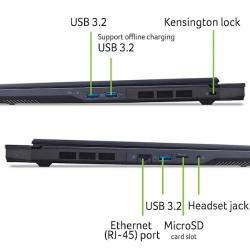 Stranski prikaz Acer Predator: USB 3.2, Ethernet RJ‑45, microSD, Kensington lock in priključek za slušalke.